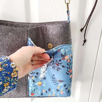 Handmade pale blue and grey shoulder bag