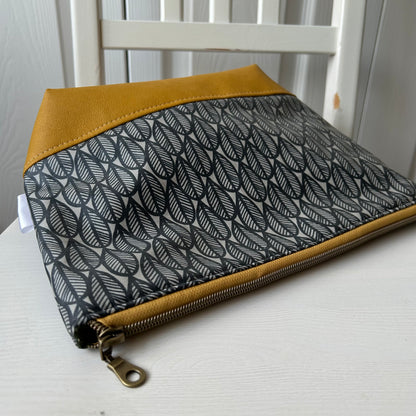 Grey leaves with mustard jumbo waterproof toiletry bag