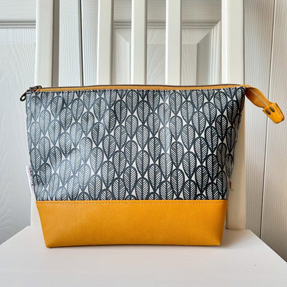 Grey leaves with mustard jumbo waterproof toiletry bag